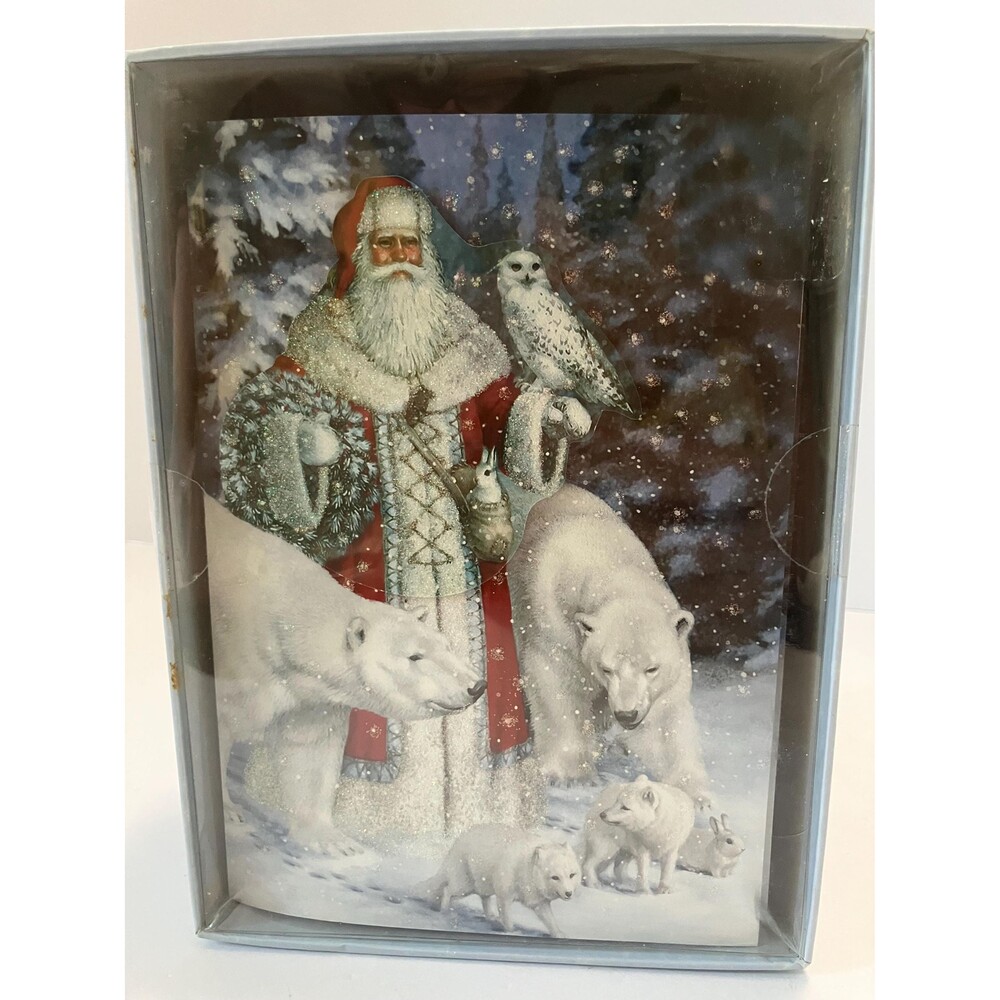 Vintage Crown Point 3D Glitter Santa Polar Bears Arctic Wildlife Christmas Cards